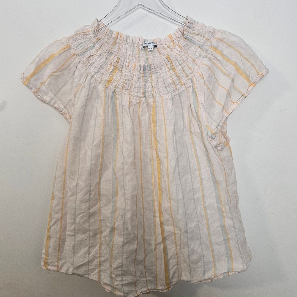 Madewell L1427 Smocked Mockneck Top in Stripe Large Tan